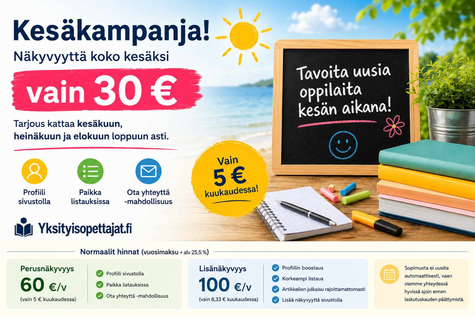 Kesäkampanja yksityisopettajille – näkyvyyttä koko kesäksi vain 30 €